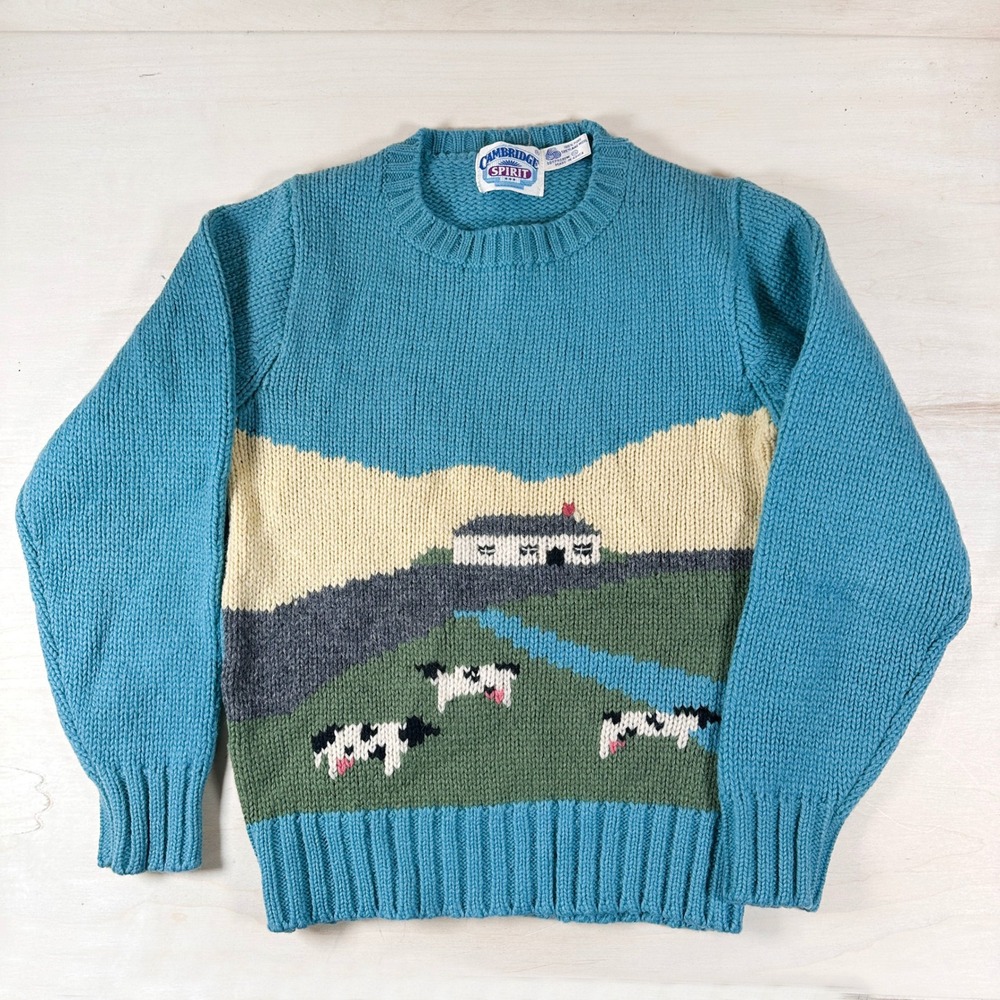 Vintage Cambridge Spirit Shetland Wool Sweater Small Sheep Cottagecore Teal VTG